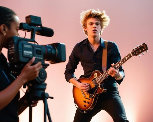 A Young Guitar Player is being recorded on a professional camera while performing on stage. View from behind the camera operator